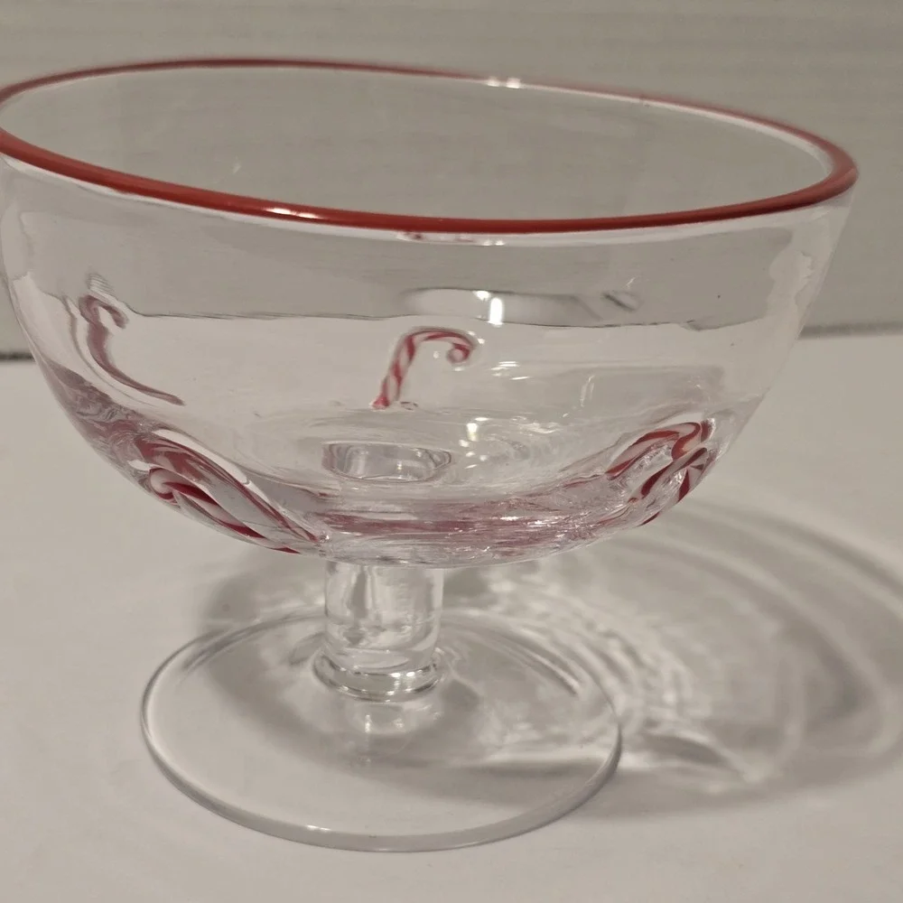 Holiday Candy‎ Cane Glass Dessert Bowl Red Rim Footed Christmas Ice Cream Cup